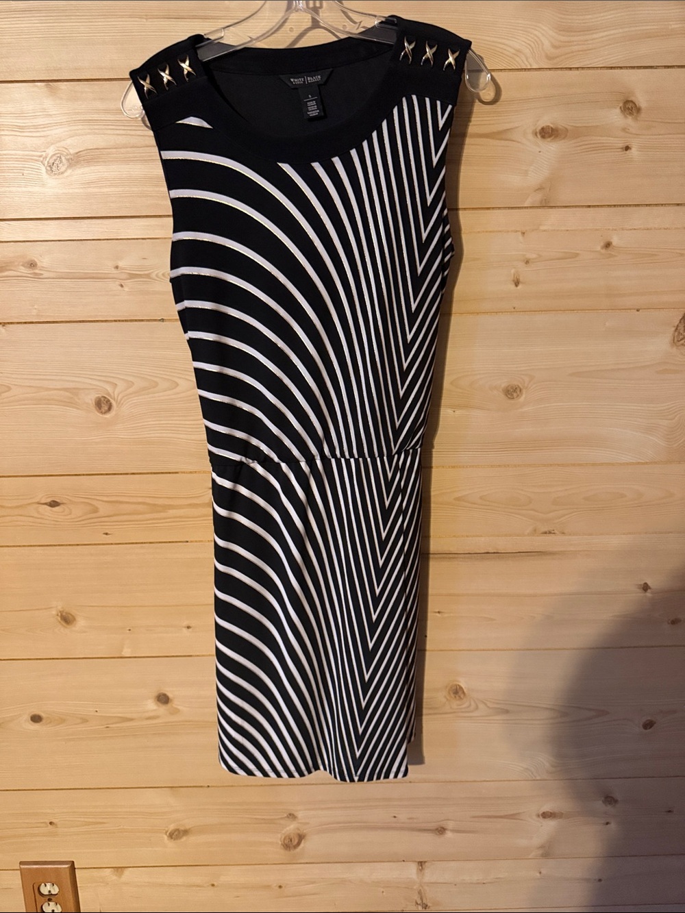 White & Black Striped Sheath Dress with Studded Shoulders